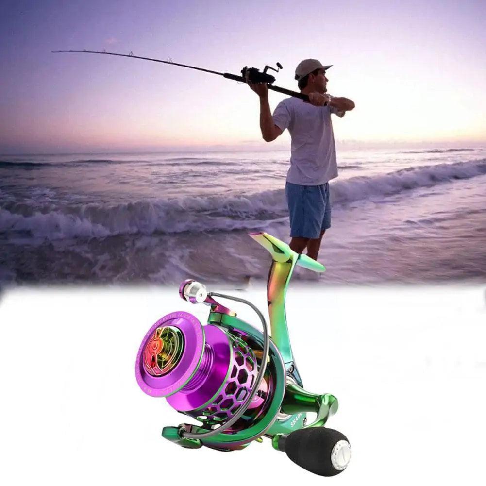 Man fishing in ocean with the Aluminum Precision Cast Spinning Reel